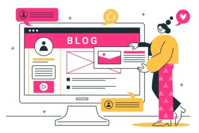 Ilustração de uma mulher interagindo com um computador, destacando a criação de Conteúdo Visual para Microblogging. A tela apresenta um layout de blog e ícones de interação.