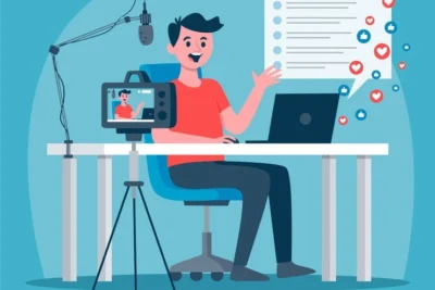 Ilustração de um jovem utilizando um computador para microblogging, com visualizacoes e reações aparecendo na tela. O ambiente é acolhedor e moderno.