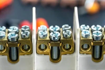 Aplicações do Parafuso Auto Brocante em Obras Industriais, mostrando uma montagem de parafusos auto brocantes fixados em uma placa de ligação metálica utilizada na construção civil e obras industriais.