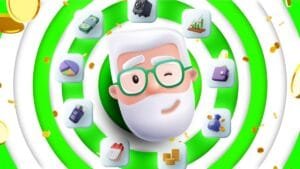 Ilustração 3D de senhor sorridente com ícones flutuantes de finanças, como gráficos, dinheiro e carteira