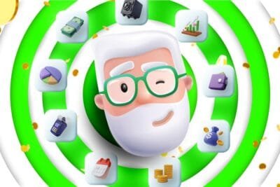 Ilustração 3D de senhor sorridente com ícones flutuantes de finanças, como gráficos, dinheiro e carteira