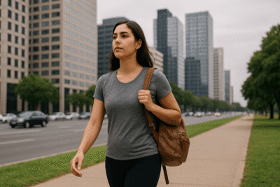 Uma jovem caminha em uma avenida arborizada de Brasília, vestindo camiseta cinza e calça preta, carregando uma mochila marrom no ombro. Ao fundo, aparecem prédios modernos e carros em movimento, representando a rotina urbana e as escolhas de vida na cidade.