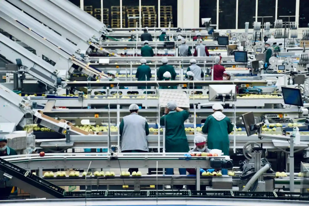 Imagem de uma linha de produção industrial com trabalhadores operando máquinas em um ambiente de fábrica, ilustrando eficiência e sucesso na produção.