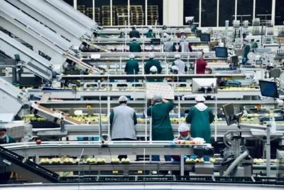 Imagem de uma linha de produção industrial com trabalhadores operando máquinas em um ambiente de fábrica, ilustrando eficiência e sucesso na produção.