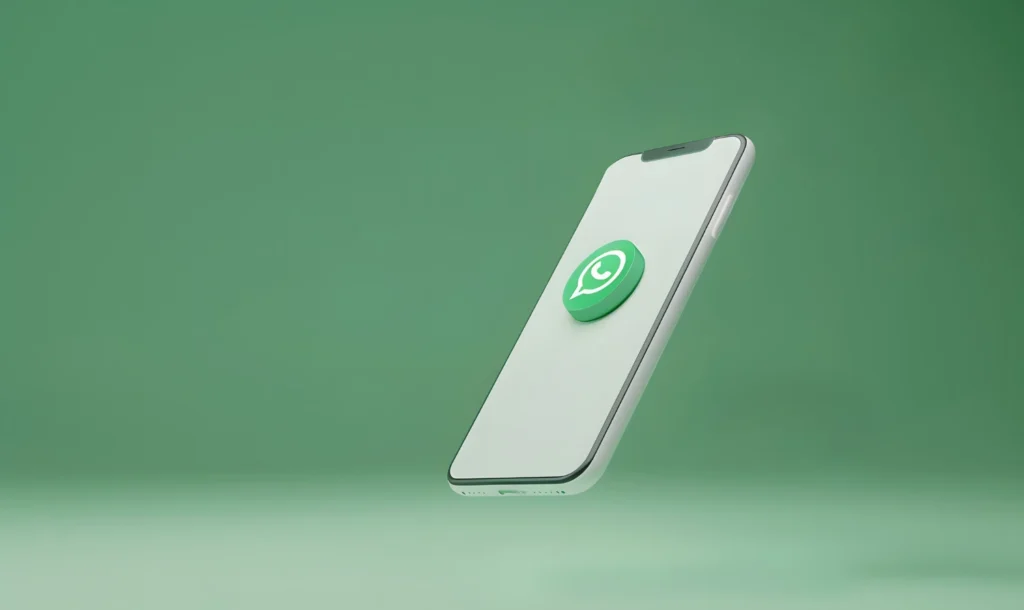Telefone celular exibindo o logo do WhatsApp, simbolizando o sistema de nomes de usuário na plataforma de mensagens com mudança de número para nome de usuário.