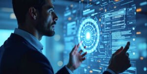 Imagem de olho num painel de códigos digitais, simbolizando a observabilidade em TI.