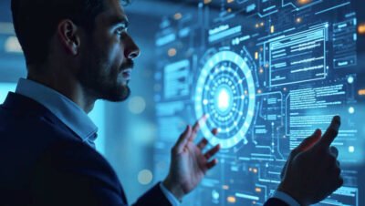 Imagem de olho num painel de códigos digitais, simbolizando a observabilidade em TI.