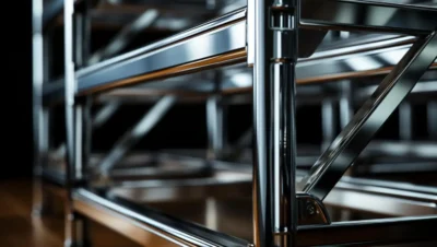 Bastidores da fabricação de móveis industriais em inox mostrando uma estrutura metálica polida e resistente, ideal para ambientes comerciais e industriais.