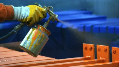 Imagem de pintura industrial em andamento, com uma pessoa usando equipamentos de proteção sprayando uma estrutura metálica com tinta.